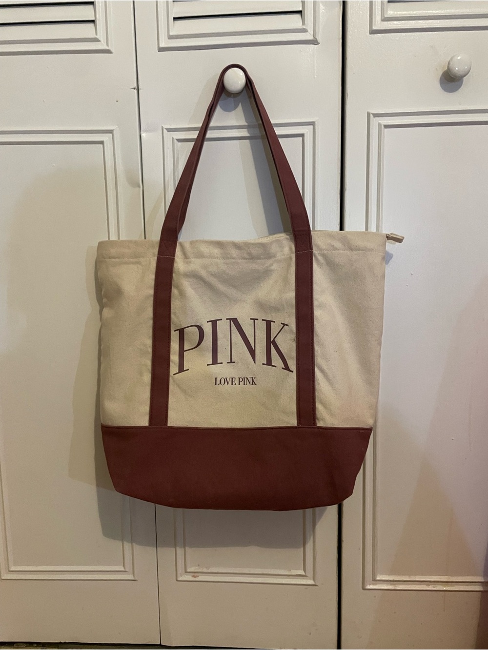 PINK Victoria's Secret Cream Canvas Tote with Burgundy Accents